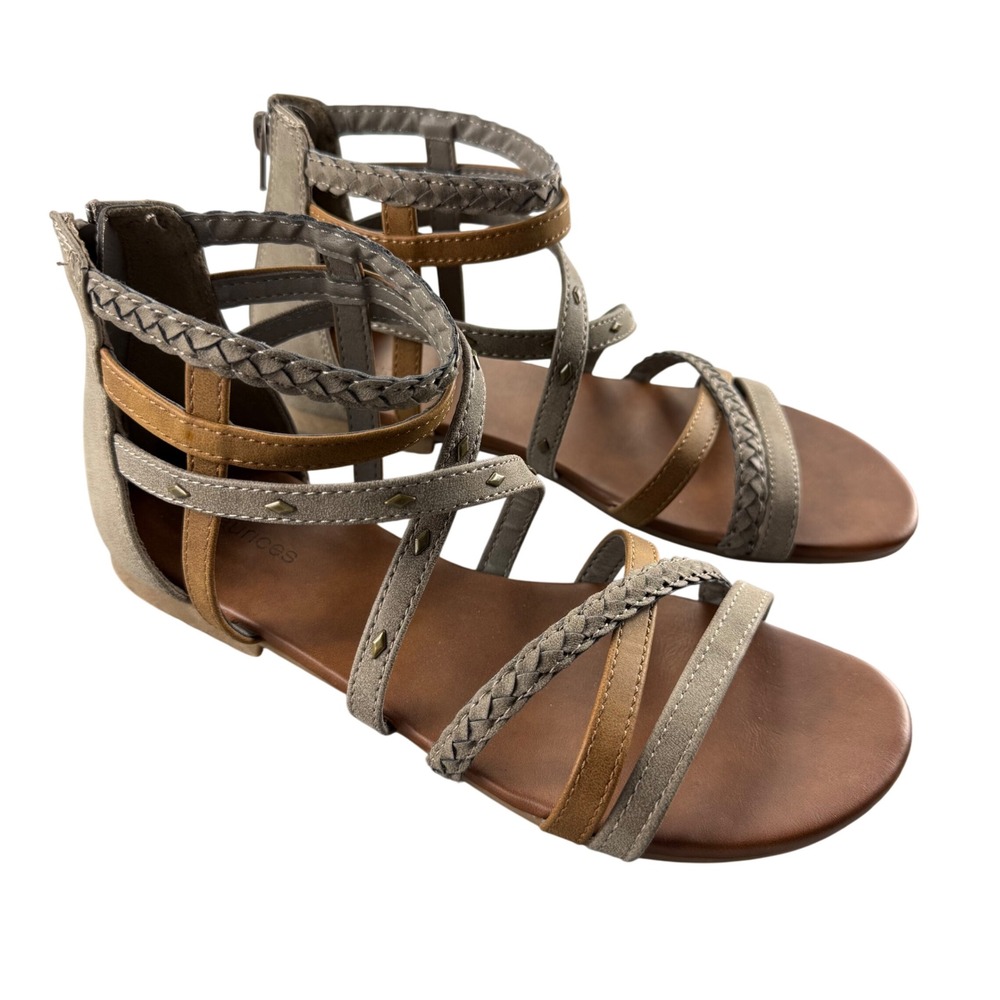 Maurices Poppie Gladiator Sandals Womens 8.5 Taupe Tan Braided Studded Flat Boho